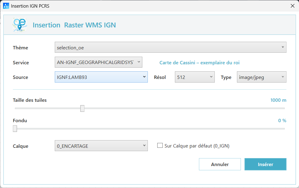 Fenêtre de sélection des cartes WMS IGN dans ZWCAD